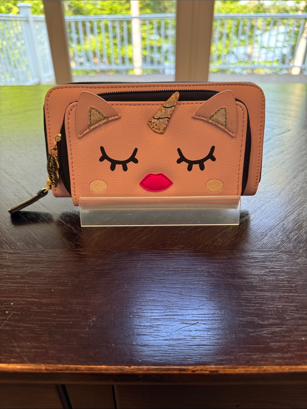 Betsey Johnson cat unicorn face double zip wallet
